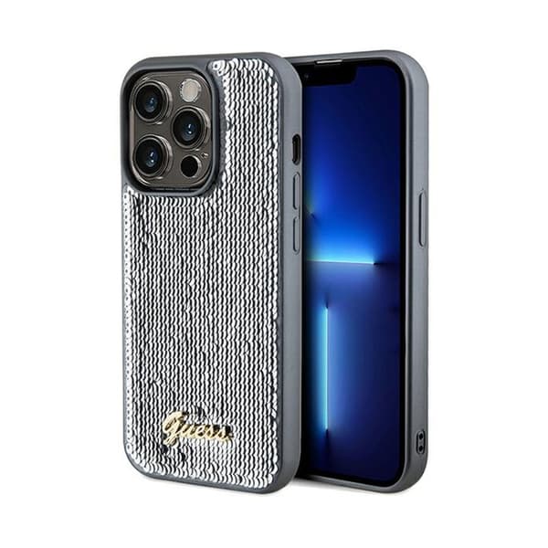 Guess Sequin Script Metal - iPhone 14 Pro Max -suojakuori (hopea)