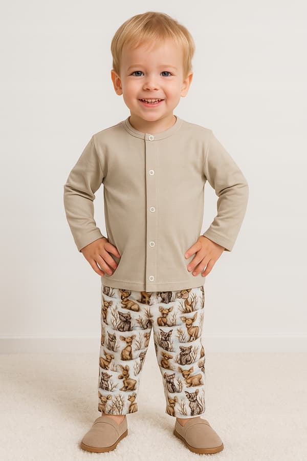 Barnpyjamas i bomull 104 med knapp för sjukhuset, BEIGE DEER