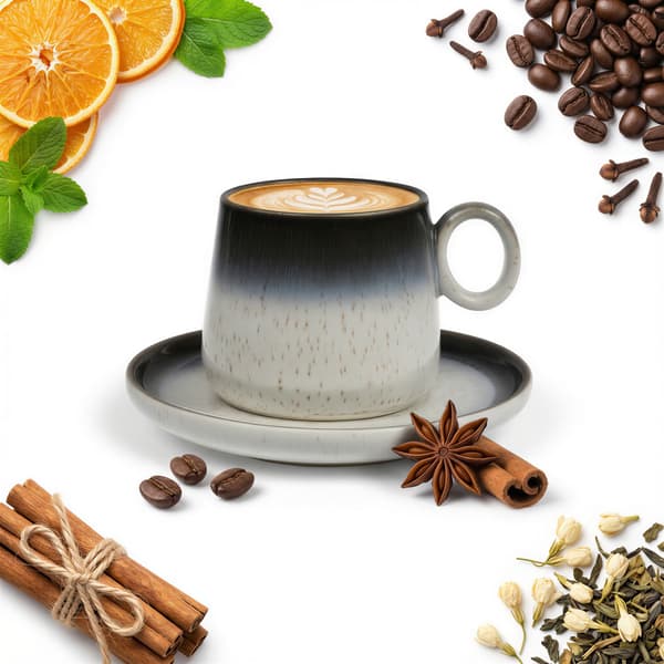 KERAMISK KOPP 120 ML ELEGANT DESIGN MED KAFFETALLRIK