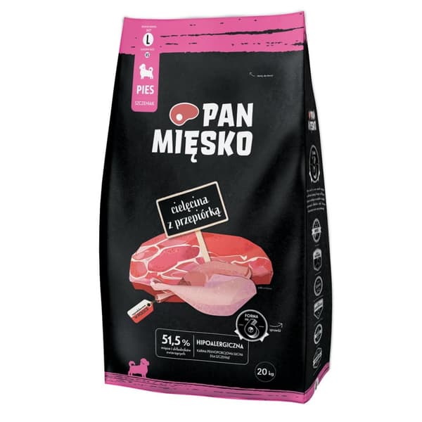Tørfoder til hunde PAN MĘSKO Kalvekød med vagtler L 20 kg