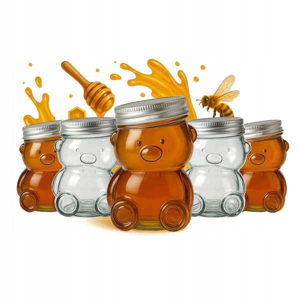 5x TEDDY BEAR glaskrukke 150ml med låg til honning, marmelade, honning, honningflaske