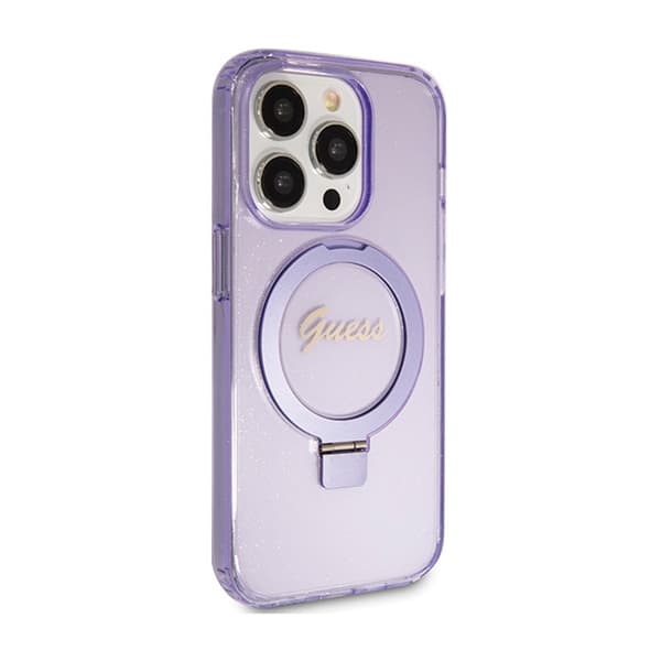 Guess Ring Stand Script Glitter MagSafe - iPhone 15 Pro-skal (Lila)