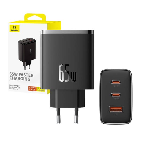 Baseus OS-Cube Pro 2xUSB-C + USB vægoplader, 65W (sort)