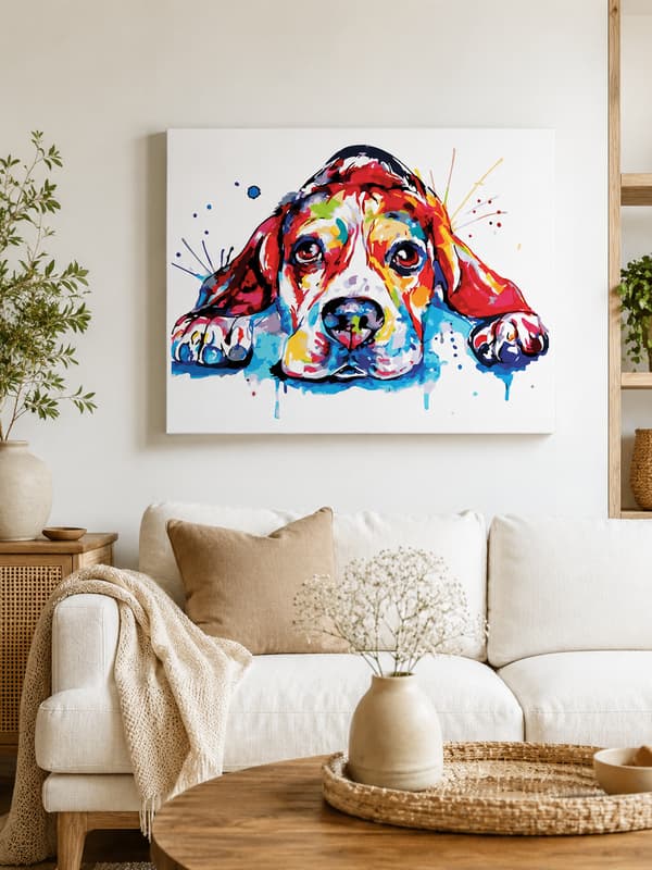 Maleri efter tal med ramme Billeder til maleri - Farverig hund 50x40 cm