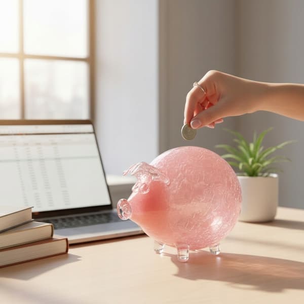 Lyserød sparegris, bulende, stor, glas, revnet, TIL GAVE