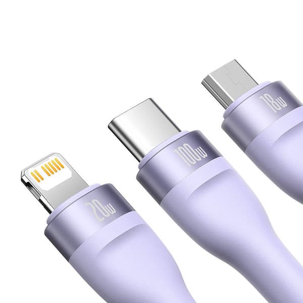Baseus Flash Series 2 3-i-1 USB-kabel, USB-C + Micro USB + Lightning, 100W, 1,5m (lilla)