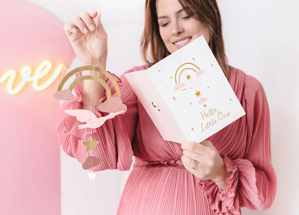 Rosa babyshowerkort med hänge STORC 14x20