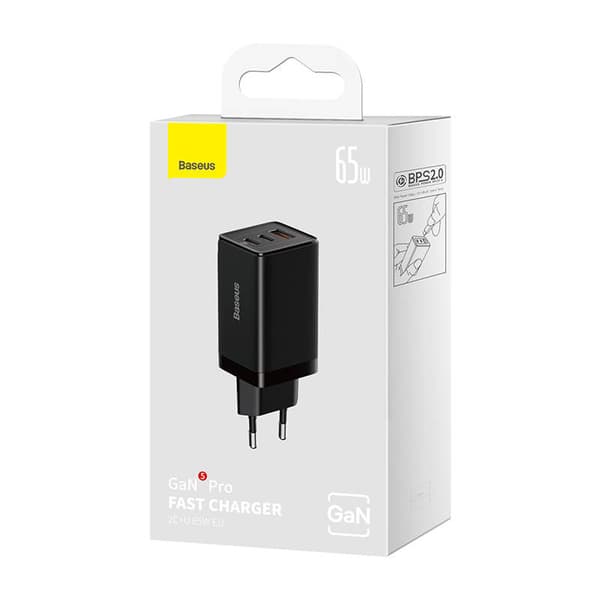 Baseus GaN5 Pro 2xUSB-C + USB-väggladdare, 65W (svart)