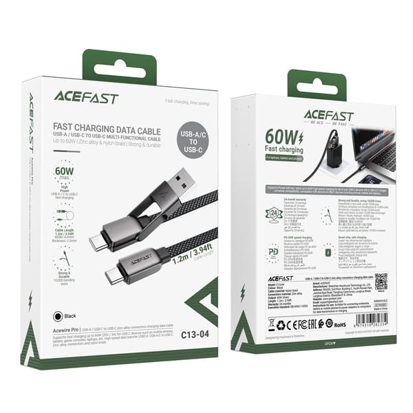 Acefast C13-04 USB-C - USB-A / USB-C Kabel 480Mb/s 3A 1.2m - Sort