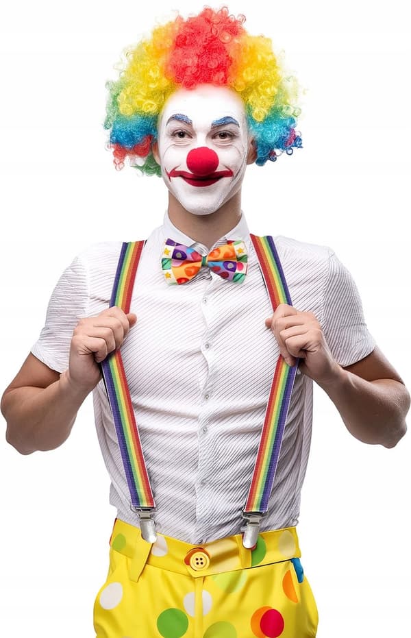 Farverige regnbueklovne seler til cirkuskostume til karneval