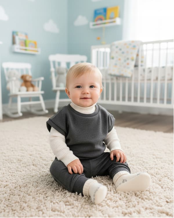Babyponcho 80 vest kappevarmer bomuld fluff antracit