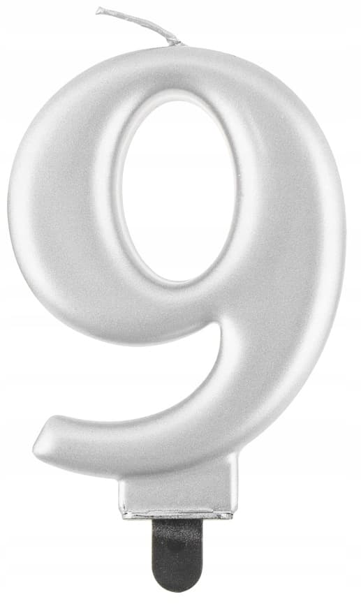 Nummer 9 ljus, metalliskt silver, 8 cm, 1 st.