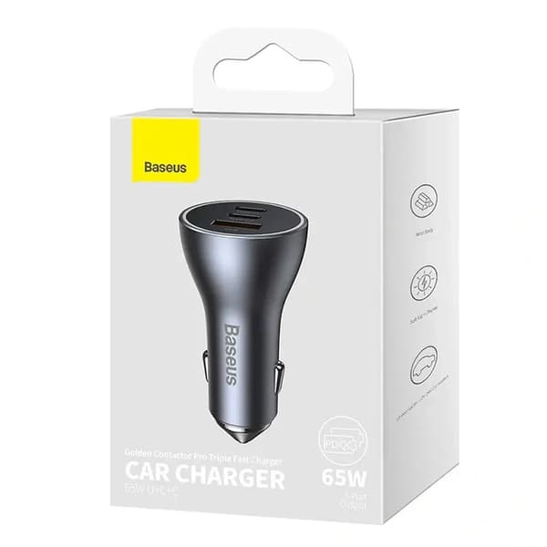 Baseus Golden Contactor Pro biloplader, 2x USB-C, 1x USB, 65W (grå)