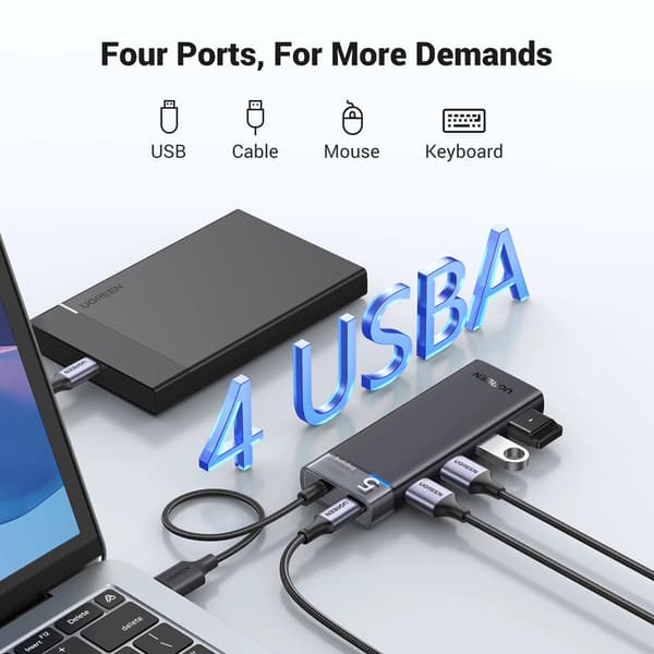 Ugreen CM653 HUB med 4 USB-A porte og USB-A strømkabel - Sort