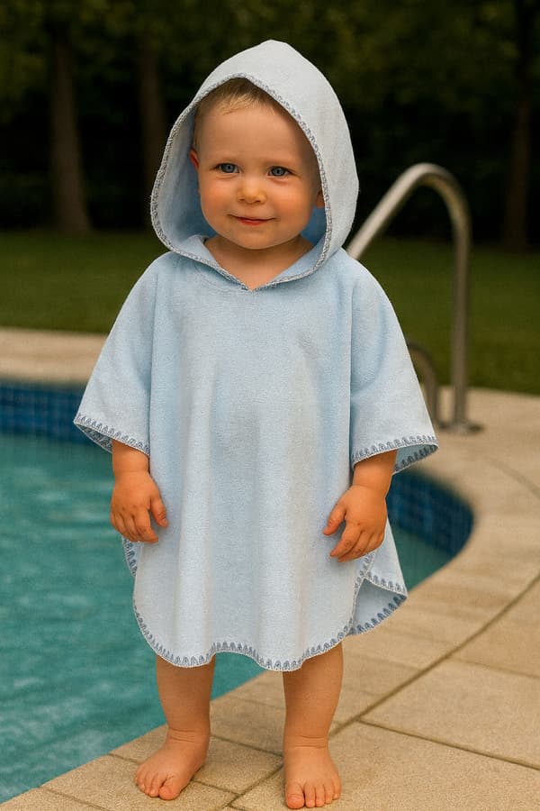 Børnekappe 74-86 håndklæde med HÆTTE poncho til pool, strand, BLÅ