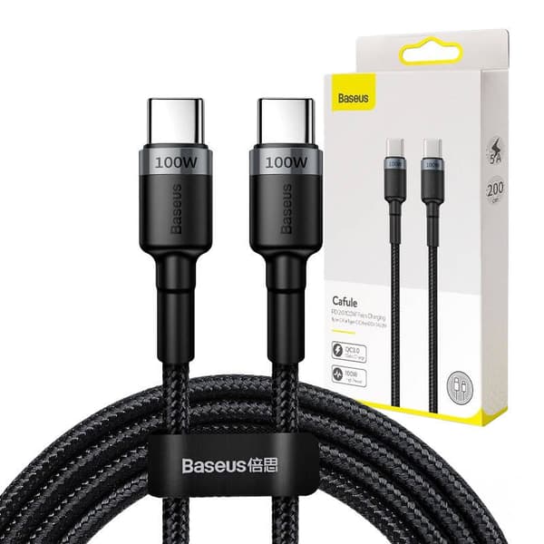 Baseus Cafule USB-C til USB-C kabel, QC 3.0, PD 2.0, 100W, 5A, 2m (Grå-Sort)
