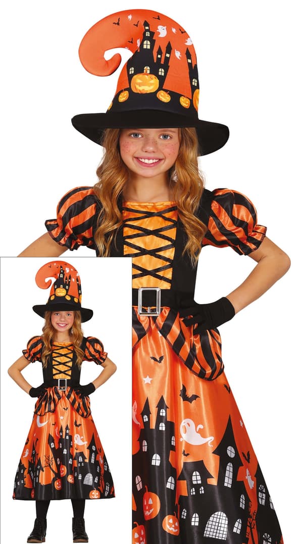 Orange heksekostume til 5-6 år
