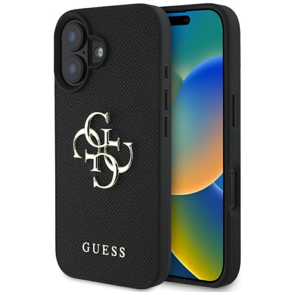 Guess Grained Big 4G Logo Small Classic Logo cover til iPhone 16, sort