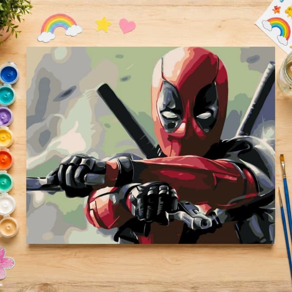 Måla efter nummer-bild med ram Deadpool med pistol 70x50 cm