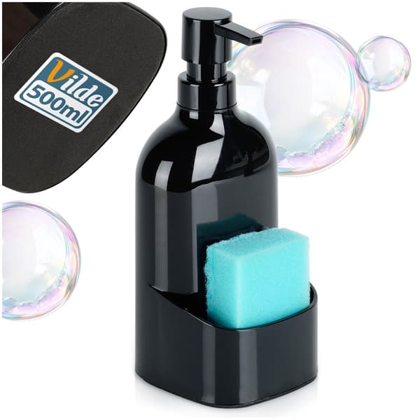 Dispenser til opvaskemiddel med beholder til svamp sort 500 ml