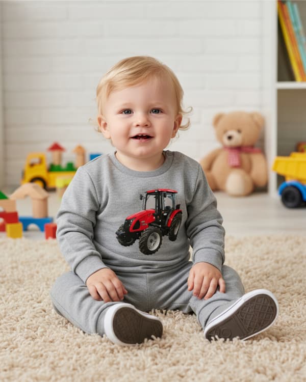 BARNPYJAMAS 92 för POJKAR 100% bomull TRACTOR gråmelerad