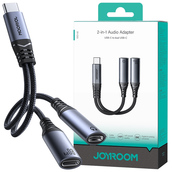 Joyroom SY-C03 USB-C till 2x USB-C DAC-adapter 2-i-1 - Svart