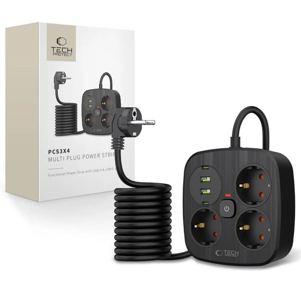 Tech-Protect PCS3X4 strømskinne, 3 stikkontakter, 2xUSB-A, 2xUSB-C 200 cm - sort