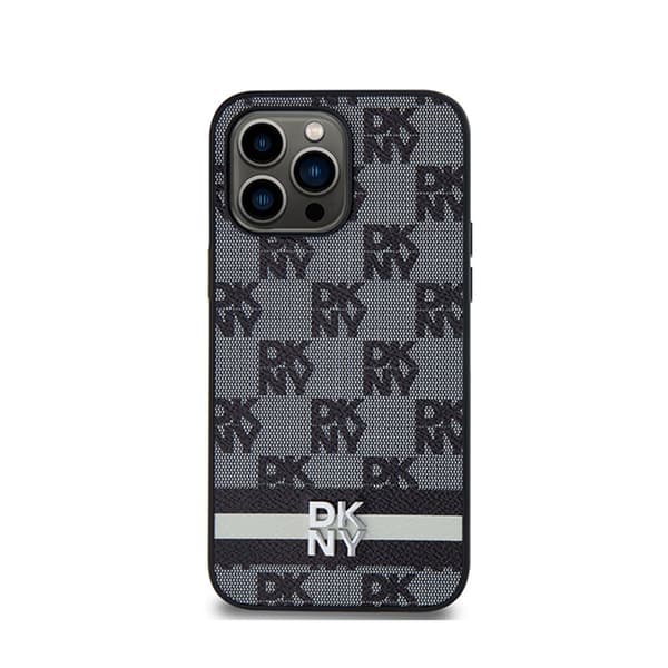 DKNY Læder Ternet Mono Mønster & Trykte Striber - iPhone 14 Pro Max Etui (Sort)