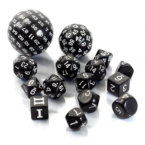 RPG-tärningar svarta set med 15 tärningar