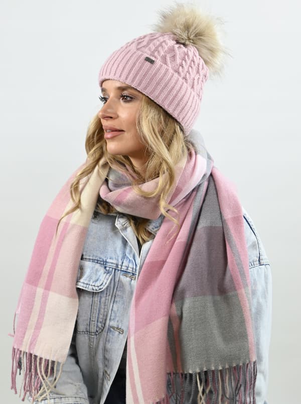 Damvintermössa i rosa med pompom, varm fleecemössa PL