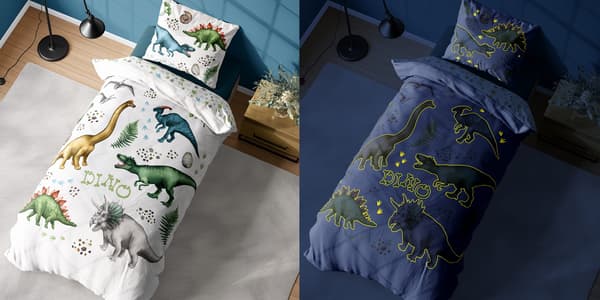 Sengesæt med dinosaurier der lyser i mørket 140x200