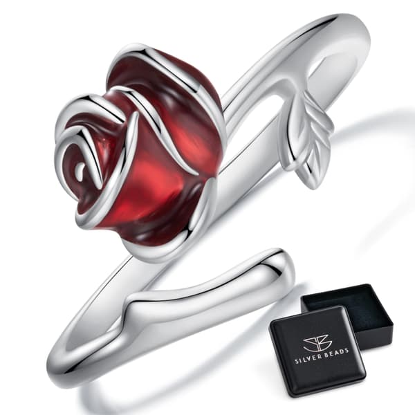Justerbar silverring med röd ros, 925 silver