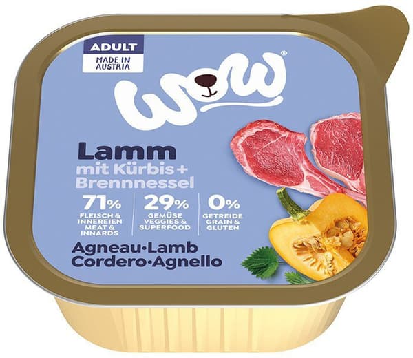 WOW | Våtfoder för hundar | Tray 150g - WOW Lamm med Kürbis - lamm med pumpa och nässlor 150g
