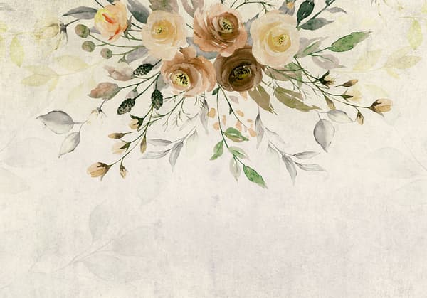 Fototapet - Sommarblomstring - retro växtdesign med blommor och löv i mönster