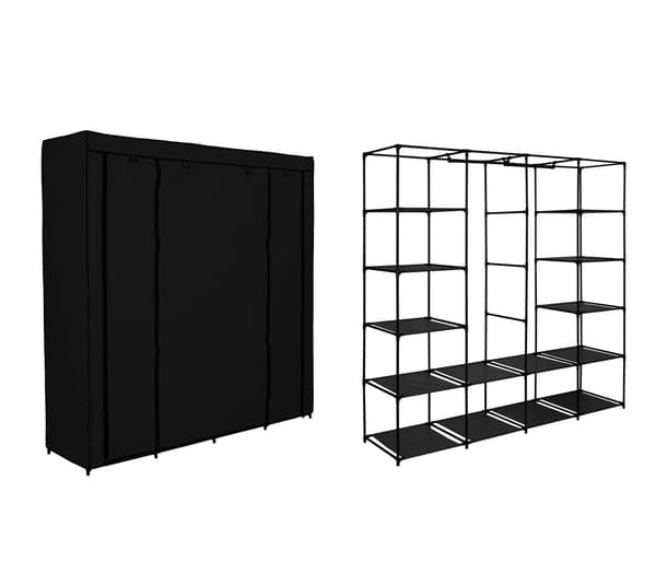 Olena sort tekstilgarderobe med hylder