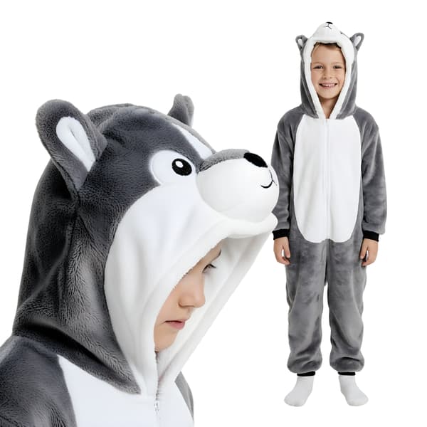 Kigurumi pyjamas kostume grå husky børn 95-105cm