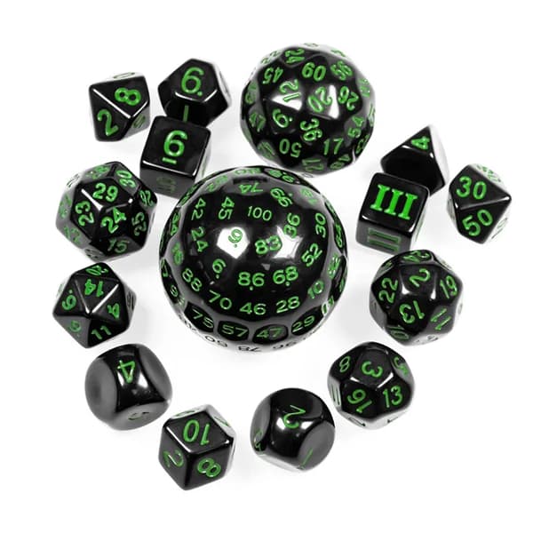 RPG-tärningar svarta och gröna set med 15 tärningar