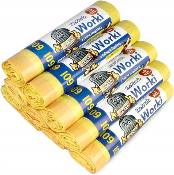 100 SÄCKOR TJOCKA GULA SOPÅSAR 60L MED SNÖTEJP 10 RULLAR