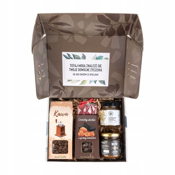 Gaveæske med kaffe, honning, nødder, citroner, chokolade