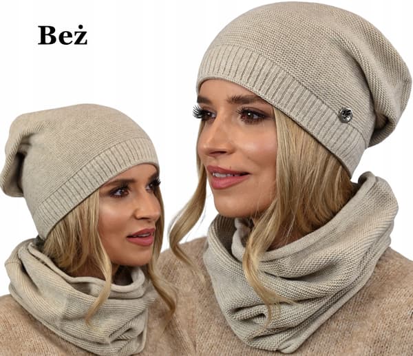 Varm damesæthue med snood beige B1