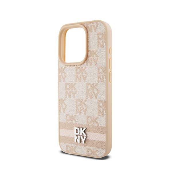 DKNY Læder Ternet Mono Mønster & Trykte Striber - iPhone 15 Pro Max Etui (Pink)