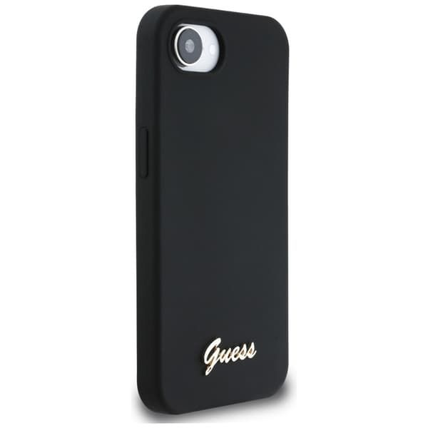 Guess silikoninen Script Metal Logo MagSafe -suojakuori iPhone 16e:lle (musta)