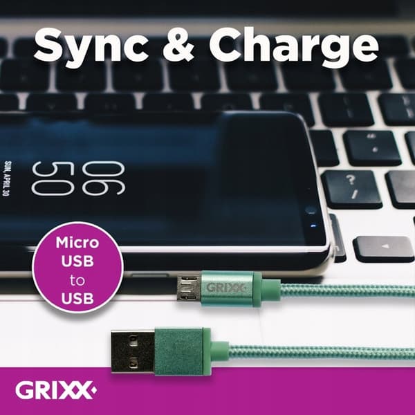 GRIXX Datakabel - Micro USB til USB, Flettet, Længde 1m - Grøn