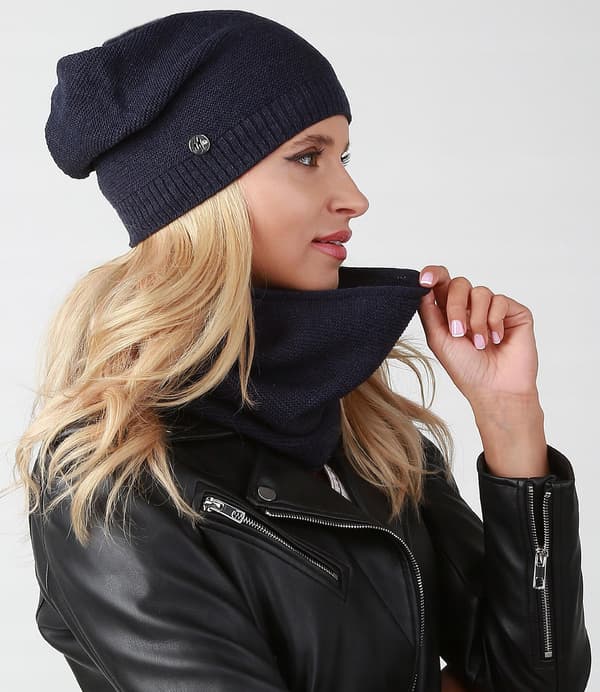 Dame vinterhue med snood marineblå B1