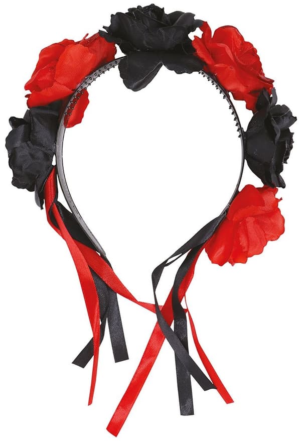 Pandebånds-tiara med sorte røde blomster og muertos