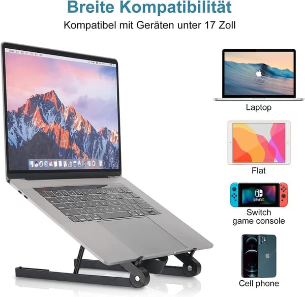 Laptopställ, justerbart bord, svart, hopfällbart med fläkt