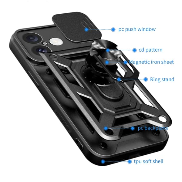 Hybrid Armor Camshield-cover til iPhone 16 Plus med kameracover og stativ - sort