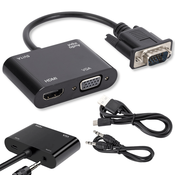 VGA til HDMI-adapter + VGA-splitter multiport adapter hub D-Sub + jack