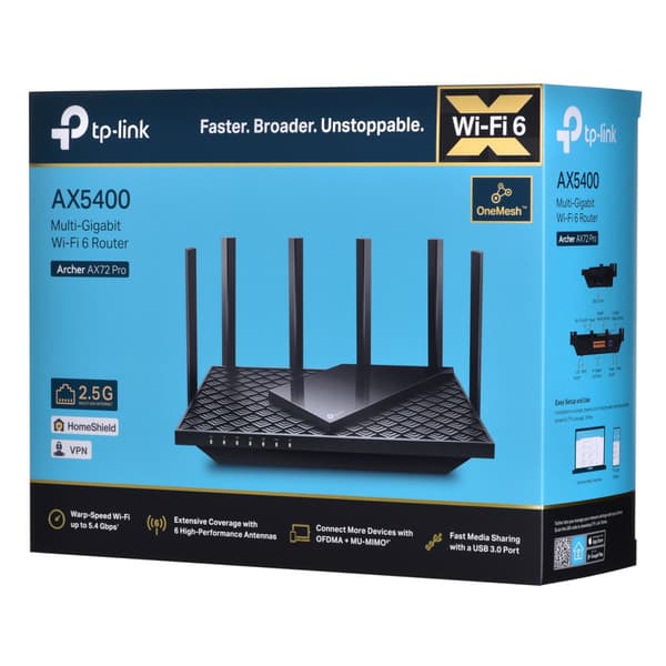 TP-LINK Archer AX72 PRO router sort, 6 antenner, 4804 Mbit/s