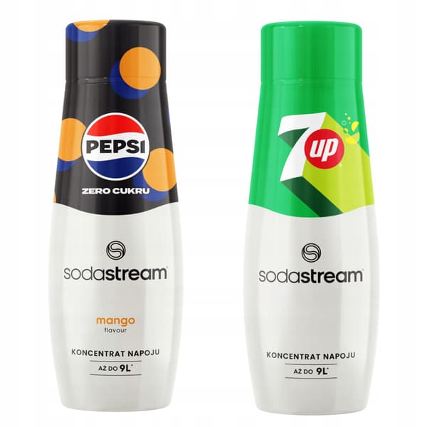 Sæt med 2 Sodastream sirupkoncentrater. Pepsi MAX Mango Zero Sugar + 7Up